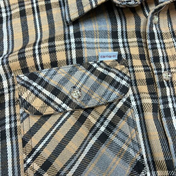 VTG Carhartt Loose Fit Heavy Flannel XL Yellow Gray Plaid Distressed Wrists - Picture 3 of 7